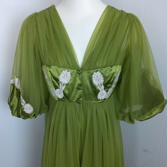 Incredible Vtg 2 Pc 100% Nylon Tricot Peignoir Nightgown & Robe Set Green Lace - Picture 6 of 12